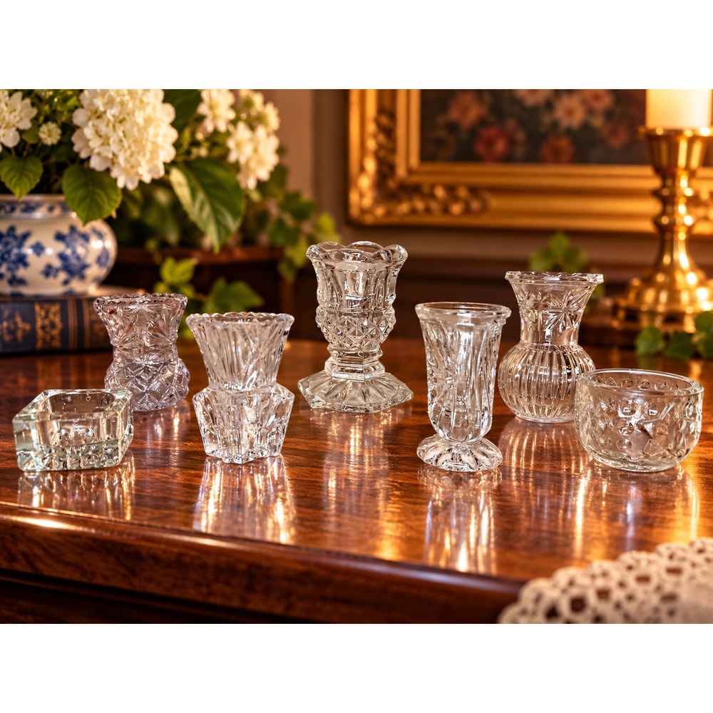 Vintage Mini Crystal Glass Bud Vases Toothpick Holders Mixed Lot of 7
